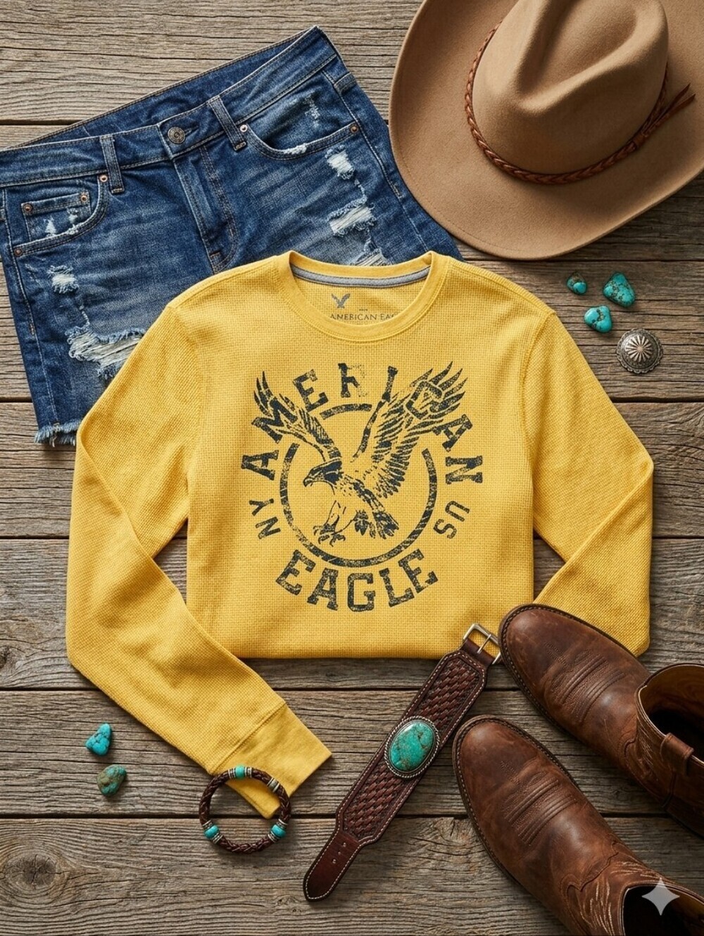 BUTTER Yellow American Eagle Waffle Knit Graphic Thermal Top Size XXL